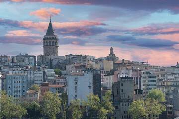 Fototapeta premium Istanbul landscape, Galata tower in Istanbul city durin sunset sky. Selective focus