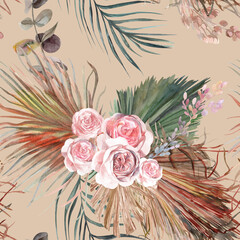 Watercolor pattern with a bouquet of tropical dried flowers and roses on a beige background in the Boho style for postcards and interior wall decor and textiles