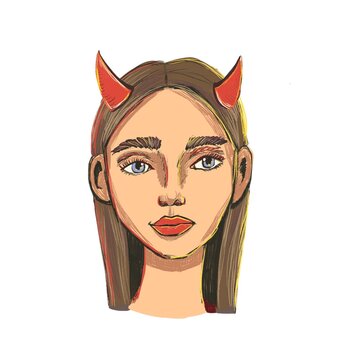 Girl with brown hair and horns, cartoon illustration Devil Girl