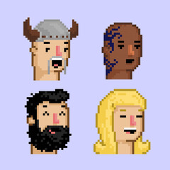 Pixel art characters viking, black tattoo man, hipster, blonde girl NFT avatars concept vector illustration.