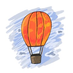 Balloon, basket balloon in the sky with clouds, cartoon illustration
