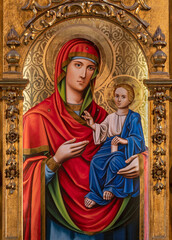 VALENCIA, SPAIN - FEBRUAR 17, 2022: The Madonna painted on the wood from main altar of church Iglesia de San Valero y San Vicente Mártir by unknown artist