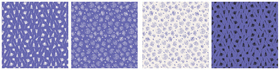 Seamless patterns set with meadow flowers in Ditzy style for surface design. The colors of the 2022 year Very Peri, blue a violet-red undertone background. Palette with Anthracite and Cloud Dancer