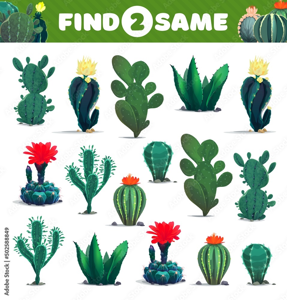 Aufkleber find two same cacti succulents, kids game worksheet, vector puzzle or riddle. entertainment and logi