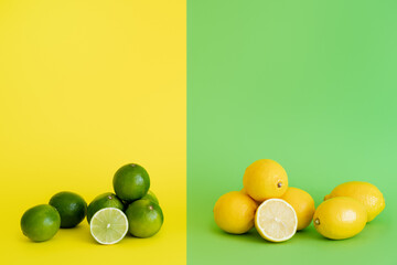 Whole and cut of limes and lemons on green and yellow background