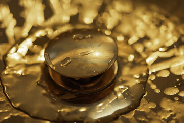 Drain in an expensive golden wet sink with drops of water, a detail of a rich elite interior