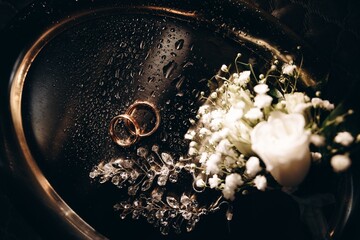 Macro photography wedding rings and earrings in water drops, engagement rings symbolizing love, with gold shades.