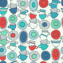 Seamless pattern. Hand drawn cups, plates and saucers decorated with patterns in Scandinavian style. Hot drinks, Pottery, holidays concept. For wrapping paper, other design projects