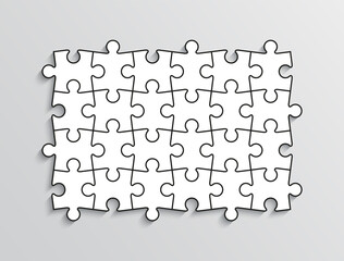 Puzzle grid with 24 pieces. Jigsaw outline template. Thinking game. Simple mosaic layout with separate shapes. Modern puzzle background. Laser cut frame. Vector illustration.