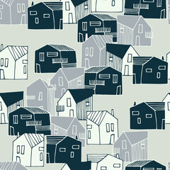 Seamless pattern with small detached, single-family houses on gray background for surface design and other design projects