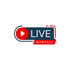 Live webcast or webinar vector icon of online education, virtual training course and web conference. Broadcast or podcast sign with red play button and ribbon banner, streaming media technologies - obrazy, fototapety, plakaty