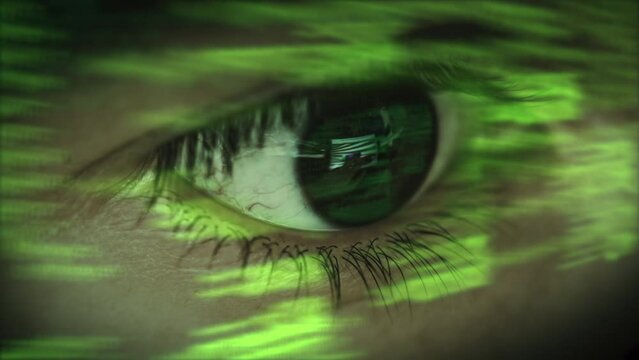 Programer Eye With Latest Innovative Sophisticated Technology Display Application With Augmented Reality Holograms. Multiple Layers of Program Code Appearing