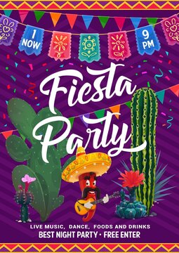 Mexican fiesta party flyer with vector cactuses and chili pepper cartoon character. Funny mariachi musician chili personage with sombrero playing guitar, papel picado flags, opuntia, saguaro cactuses