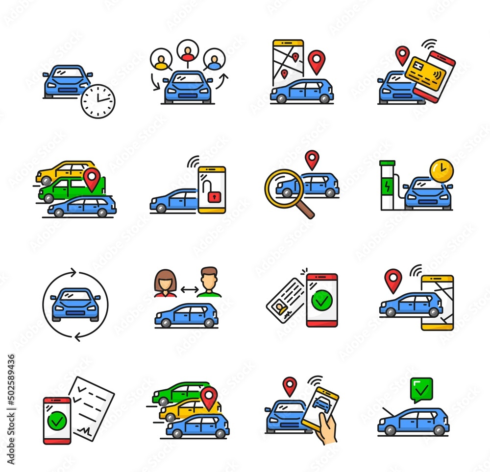 Poster car share service color linear icons of carsharing and auto rental. vector pictograms of mobile phon