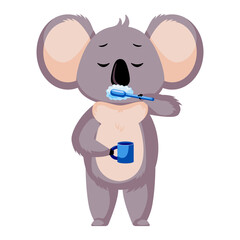 Cute koala washing morning isolated on white background. Cartoon character brush teeth.