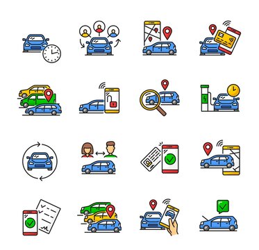 Car share service color linear icons of carsharing and auto rental. Vector pictograms of mobile phone app with smart vehicles, drive license, key, automobile location pointer, rent cars and carpool