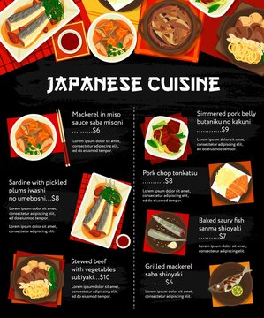 Japanese food and Asian cuisine menu dishes, vector lunch and dinner meal bowls. Japanese cuisine traditional mackerel in miso sauce, baked beef in soy and pork chop, baker saury fish and stewed beef