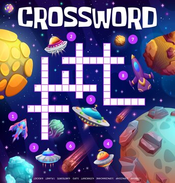 Space shuttle, ufo, spaceship and starcraft in galaxy crossword grid. Find a word quiz game. Cartoon vector worksheet, cross word test for kids with starship, meteorites, rockets and space shuttle