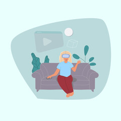 enjoy woman wearing VR and get new experience in multimedia on sofa at home, digital innovation concept