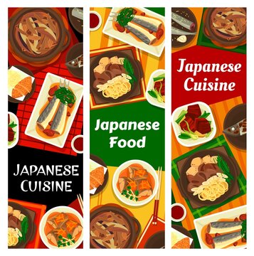 Japanese food banners, Asian cuisine and Japan restaurant menu vector covers. Traditional Japanese fish and meat with miso and sukiyaki sauce, mackerel saba and sardine fish, stewed beef and pork