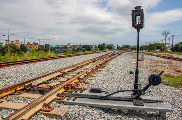 A railway switch or track construction in close proximity to a railway station