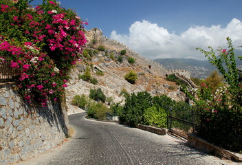 A street with bright pink flowers and a view of part of the Alanya Kalesi fortress in the center of...