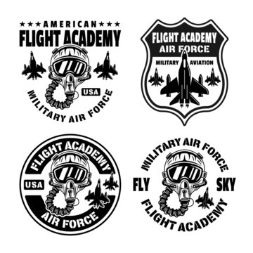 Flight academy set of vector emblems, badges, labels, logos in monochrome vintage style isolated on white background