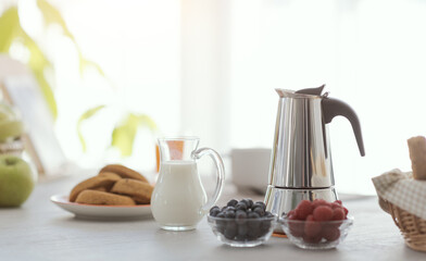 Delicious breakfast at home with fresh fruit