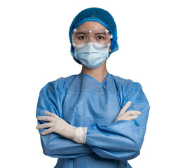 People in protective suit and medical protective mask and glasses on white background
