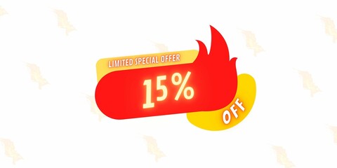 Fototapeta na wymiar 15% off limited special offer. Banner with fifteen percent discount on a white background with red tag square