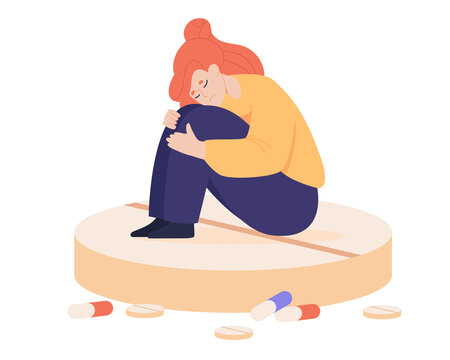 Sad woman sitting on huge pill flat vector illustration. Depressed girl taking hormonal medications, drugs or antidepressant, having mental disorder, psychological problems. Anxiety, depression