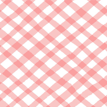 Vector seamless repeat pattern with bias diagonal gingham check plaid in soft coral pink colors. Cottagecore, farmers market, countryside background, coastal projects. Vector illustration