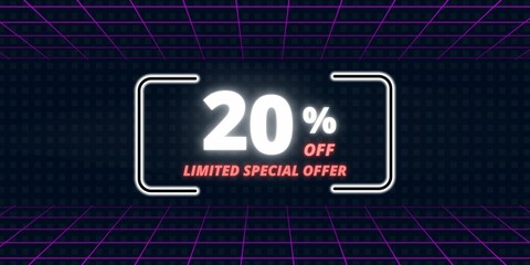 20% off limited special offer. Banner with twenty percent discount on a  black background with white square and purple