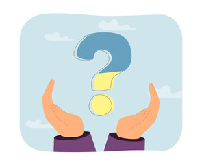 Question mark in colors of Ukrainian flag in hands of man. Person asking for information about war in Ukraine flat vector illustration. Deception concept for banner, website design or landing web page