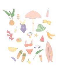 Set of cute summer elements: swimsuit, flip flops, ice cream, lemonade, beach umbrella. Hand drawn summer icons