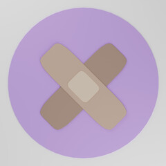 3d render. Realistic Medical Patch Icon Closeup Isolated on violet background. Design Template Adhesive Bandage Elastic Medical Plasters. Cross a Cross. Front, Top View. Medical treatment.