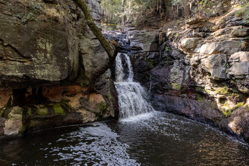 Fototapeta premium Cascada principal en un pequeño bosque hermoso con cinta amarillad en el fondo