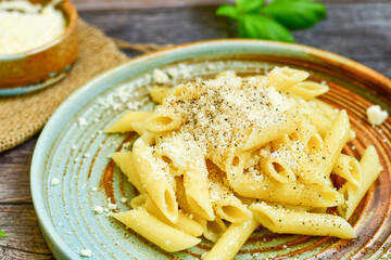  Home made  italian Penne rigate Pasta  with parmesan cheese,garlic  and black pepper .Pasta cacio e pepe. Mediterranean food concept