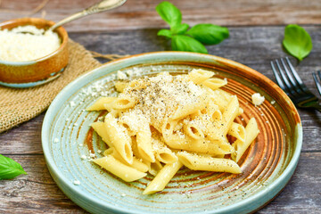  Home made  italian Penne rigate Pasta  with parmesan cheese,garlic  and black pepper .Pasta cacio e pepe. Mediterranean food concept