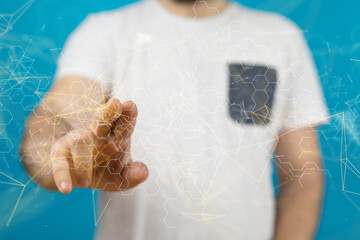 holding 3D rendering group of blue people