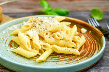  Home made  italian Penne rigate Pasta  with parmesan cheese,garlic  and black pepper .Pasta cacio e pepe. Mediterranean food concept