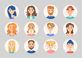 People avatars in circles cartoon illustration set. Multinational users of social networks. Men, women, students or pupils faces or portraits. Cyberspace, diverse concept
