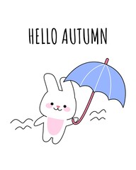 A happy rabbit with umbrella. The concept of hello autumn. Vector kawaii illustration for prints, postcards, banners, templates.