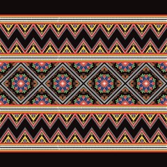 Black background with geometric patterns, inside with red and blue flowers contrasting with a background traditional for design wallpaper, illustration, fabric, pillow, tablecloth, rug, cushions.