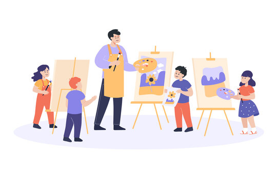 Kids drawing on easels in art class flat vector illustration. Happy little children painting on canvas with male teacher, holding pallet and paintbrushes. Lesson, hobby, art concept