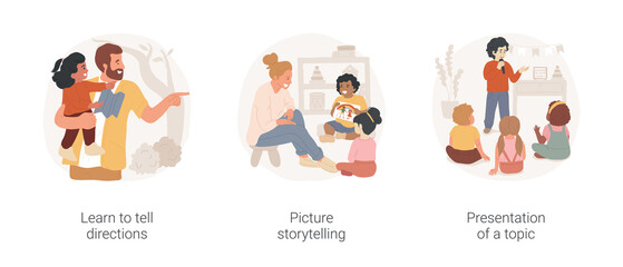 Kids communication skills isolated cartoon vector illustration set. Learn to tell directions, picture storytelling, presentation of a topic, early education, public speech, daycare vector cartoon.