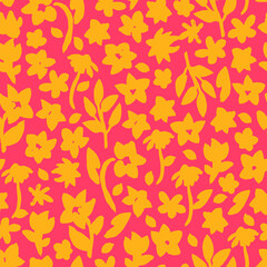 Naklejka na ściany i meble Hand drawn, floral seamless pattern. Botanical vector background with painted flowers. Craftdrawn retro styled small scaled fashion print for fabric, paper, home textile and goods