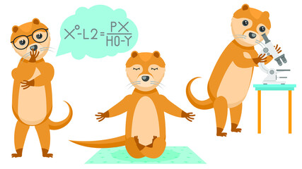 Set Abstract Collection Flat Cartoon Different Animal Otters Looking Through A Microscope, Meditating On The Carpet, Scientist With Glasses And Formula Vector Design Style Elements Fauna Wildlife