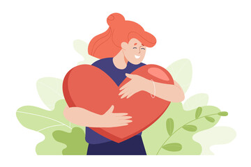 Happy woman hugging red heart flat vector illustration. Young girl embracing heart and smiling. Support, mental health, mind, peace, love, care, freedom, power concept