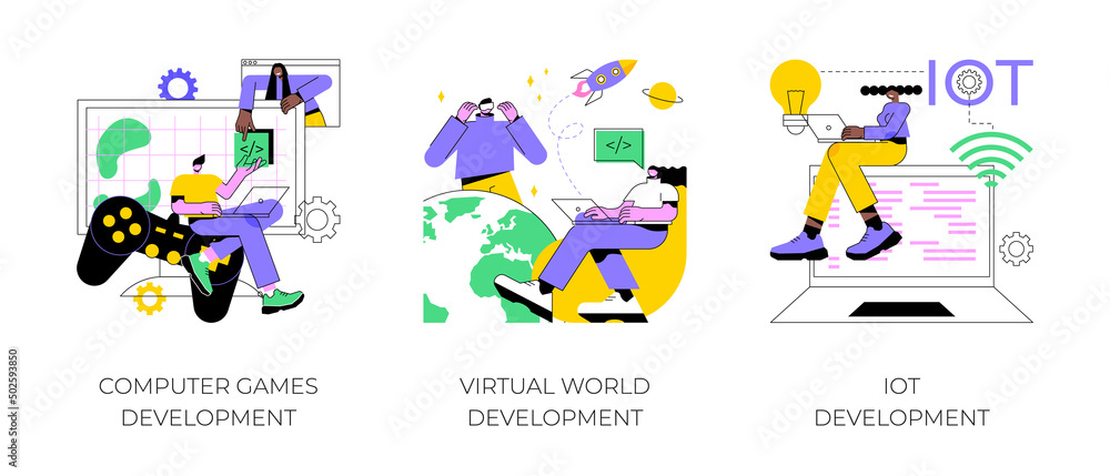 Poster programming team abstract concept vector illustration set. computer games, virtual world and iot dev